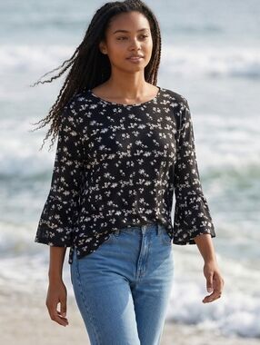 Sears Vtg Y2K Womens Floral Blouse Sz XL Bell-Sleeve Dark Romantic Black/White